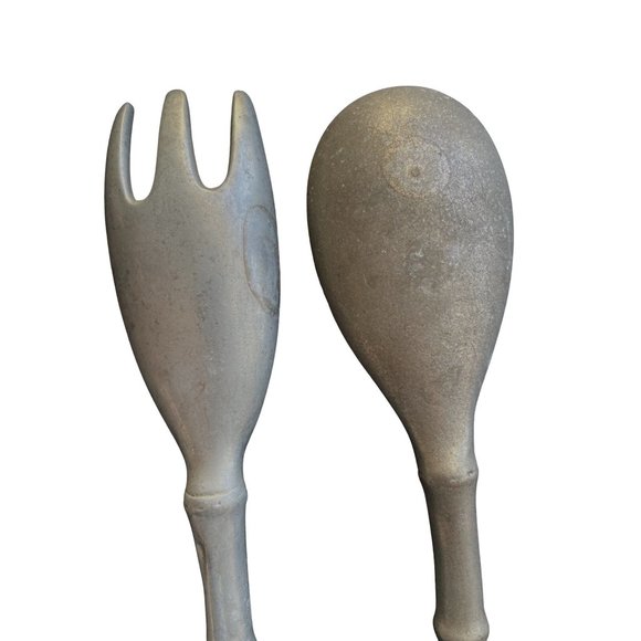 Metal Salad Serving Set Fork and Spoon Bamboo Design Handle 12" - Picture 4 of 5